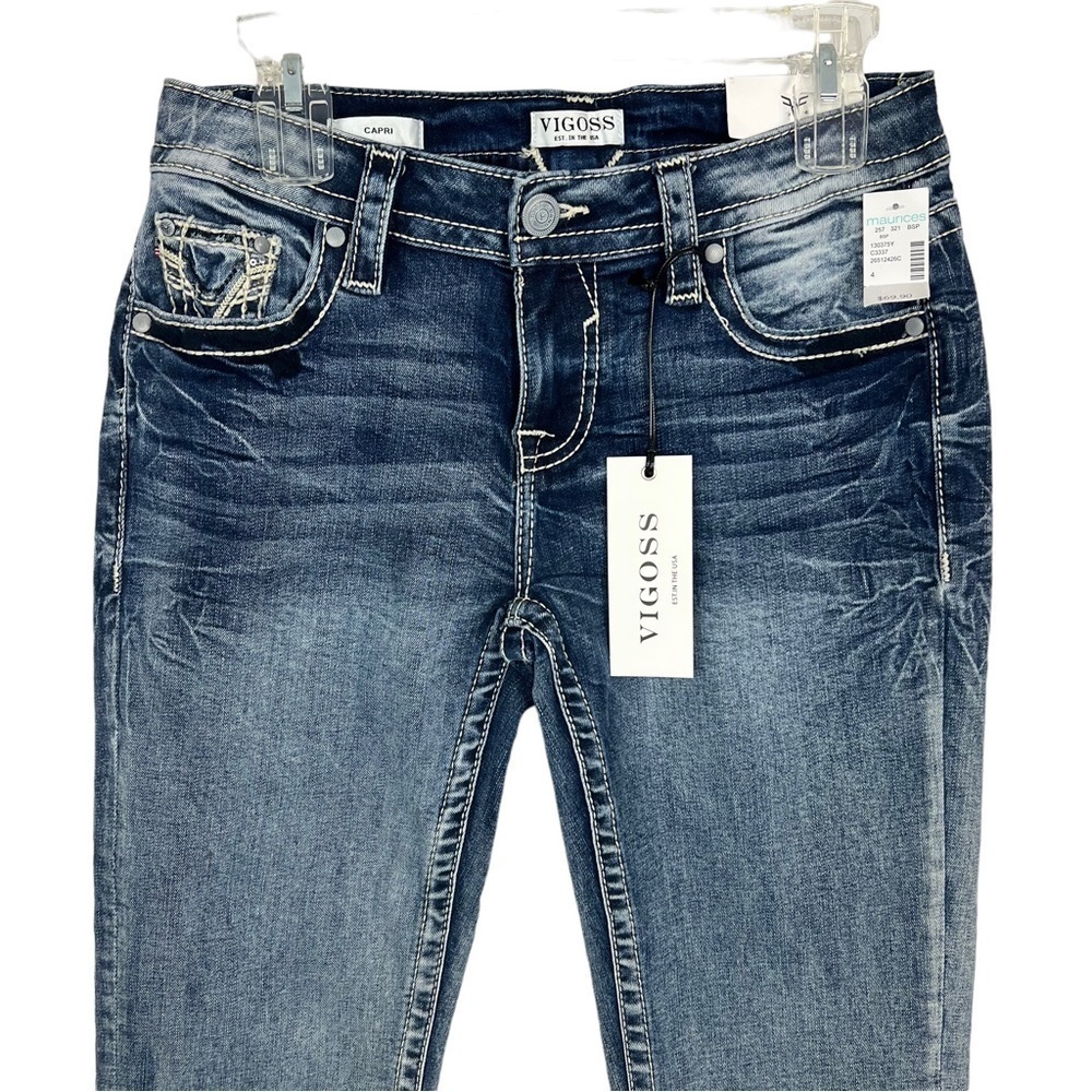 NWT VIGOSS HERITAGE FIT Women’s Blue Jean Capris Sz 4 Distressed Stretch Pockets - Picture 2 of 13
